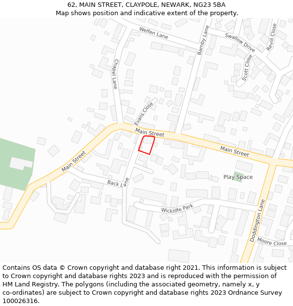 62, MAIN STREET, CLAYPOLE, NEWARK, NG23 5BA: Location map and indicative extent of plot