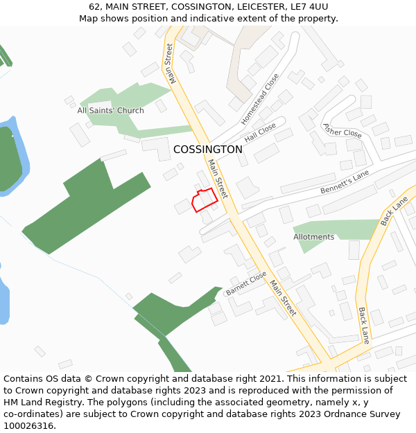 62, MAIN STREET, COSSINGTON, LEICESTER, LE7 4UU: Location map and indicative extent of plot