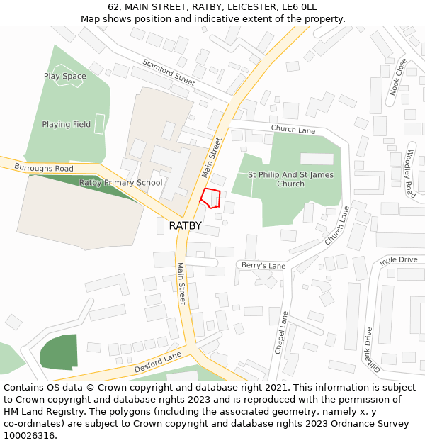 62, MAIN STREET, RATBY, LEICESTER, LE6 0LL: Location map and indicative extent of plot