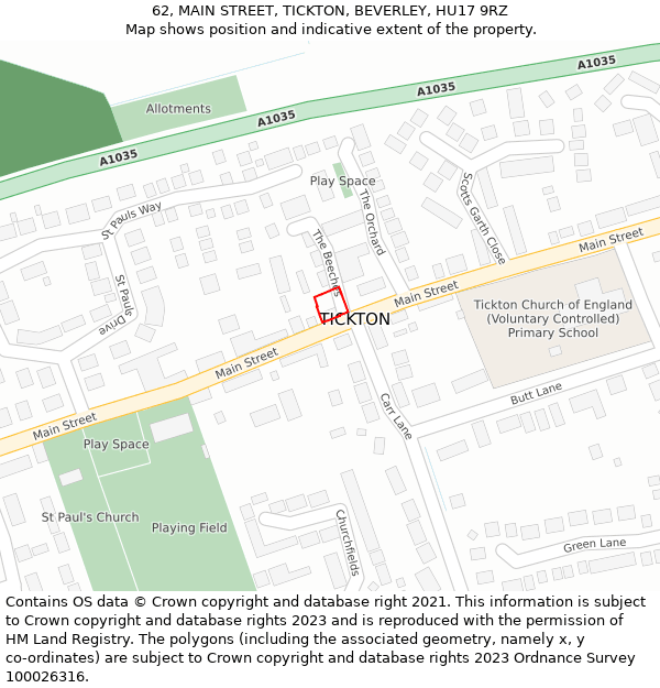 62, MAIN STREET, TICKTON, BEVERLEY, HU17 9RZ: Location map and indicative extent of plot