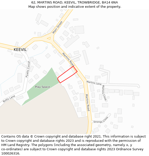 62, MARTINS ROAD, KEEVIL, TROWBRIDGE, BA14 6NA: Location map and indicative extent of plot