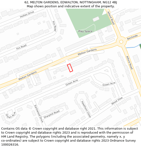 62, MELTON GARDENS, EDWALTON, NOTTINGHAM, NG12 4BJ: Location map and indicative extent of plot