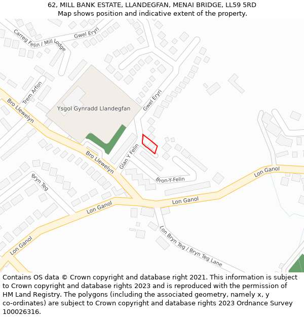 62, MILL BANK ESTATE, LLANDEGFAN, MENAI BRIDGE, LL59 5RD: Location map and indicative extent of plot