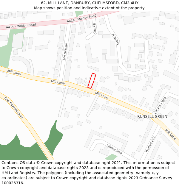 62, MILL LANE, DANBURY, CHELMSFORD, CM3 4HY: Location map and indicative extent of plot