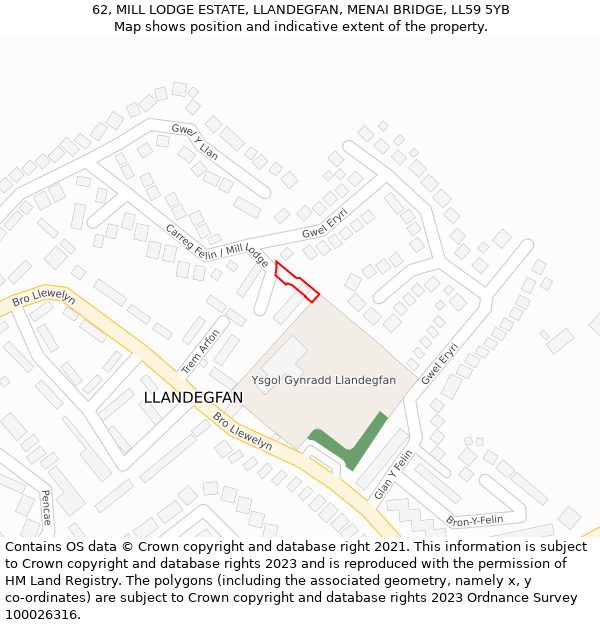 62, MILL LODGE ESTATE, LLANDEGFAN, MENAI BRIDGE, LL59 5YB: Location map and indicative extent of plot