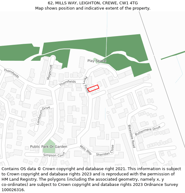 62, MILLS WAY, LEIGHTON, CREWE, CW1 4TG: Location map and indicative extent of plot