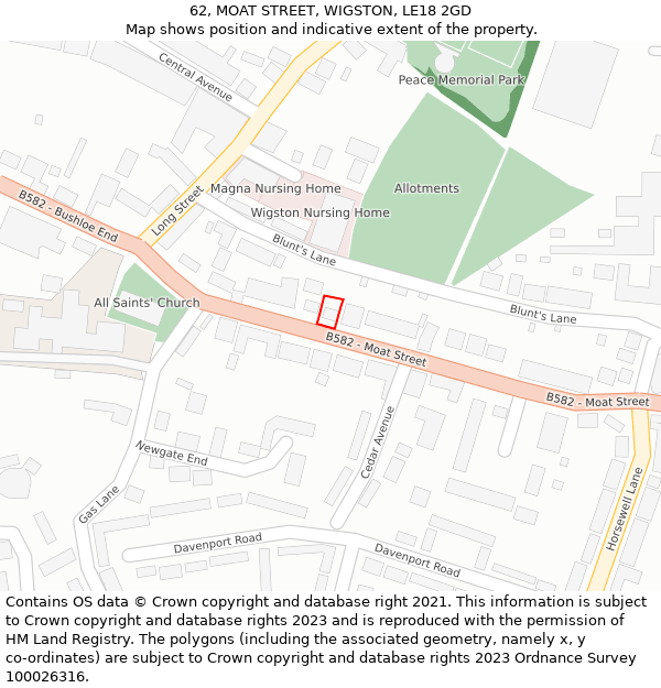 62, MOAT STREET, WIGSTON, LE18 2GD: Location map and indicative extent of plot