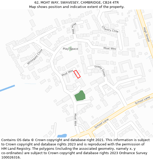 62, MOAT WAY, SWAVESEY, CAMBRIDGE, CB24 4TR: Location map and indicative extent of plot