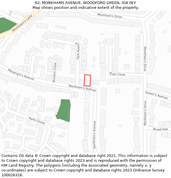 62, MONKHAMS AVENUE, WOODFORD GREEN, IG8 0EY: Location map and indicative extent of plot