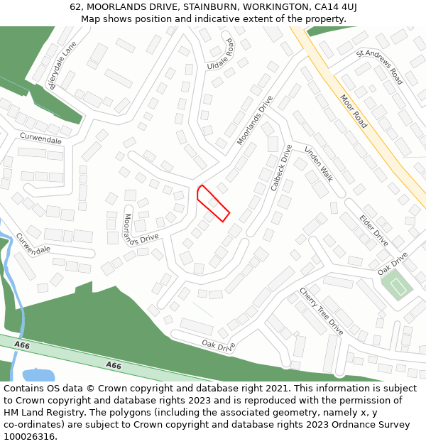 62, MOORLANDS DRIVE, STAINBURN, WORKINGTON, CA14 4UJ: Location map and indicative extent of plot