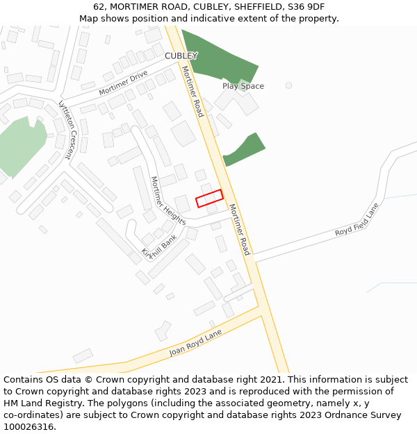 62, MORTIMER ROAD, CUBLEY, SHEFFIELD, S36 9DF: Location map and indicative extent of plot