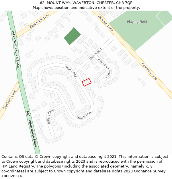 62, MOUNT WAY, WAVERTON, CHESTER, CH3 7QF: Location map and indicative extent of plot