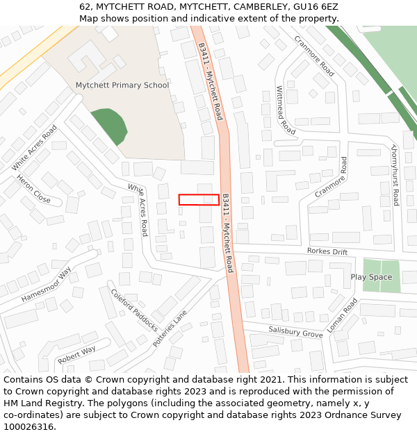 62, MYTCHETT ROAD, MYTCHETT, CAMBERLEY, GU16 6EZ: Location map and indicative extent of plot