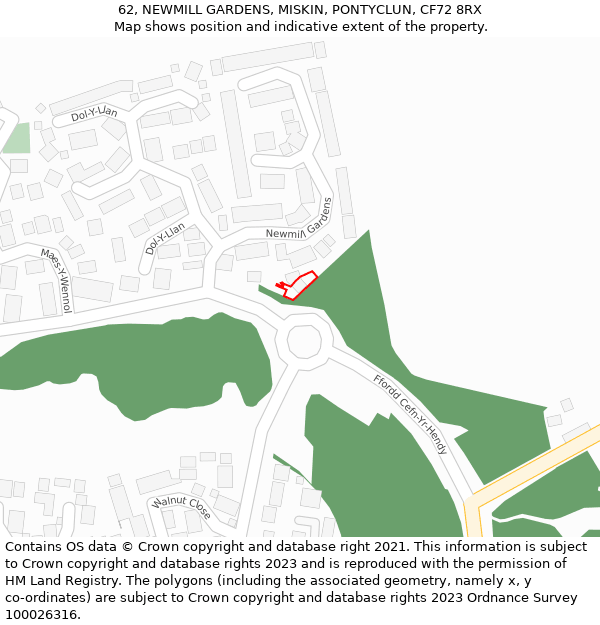 62, NEWMILL GARDENS, MISKIN, PONTYCLUN, CF72 8RX: Location map and indicative extent of plot