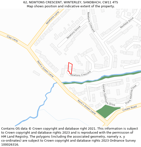 62, NEWTONS CRESCENT, WINTERLEY, SANDBACH, CW11 4TS: Location map and indicative extent of plot