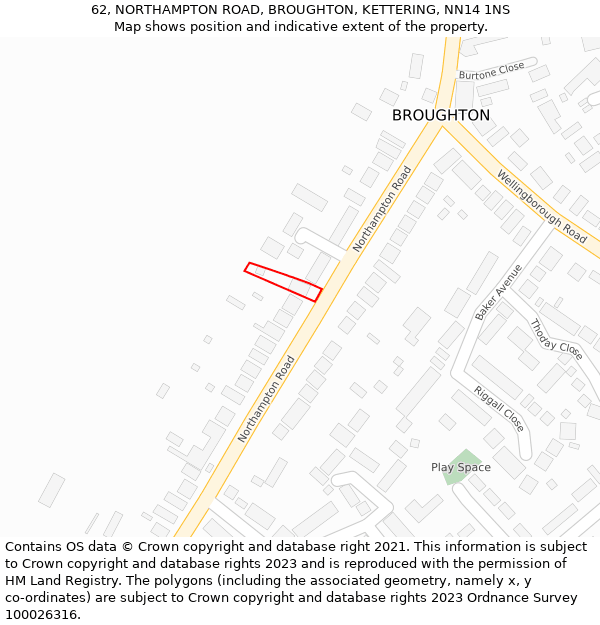 62, NORTHAMPTON ROAD, BROUGHTON, KETTERING, NN14 1NS: Location map and indicative extent of plot