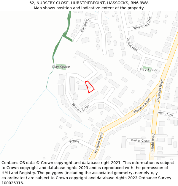 62, NURSERY CLOSE, HURSTPIERPOINT, HASSOCKS, BN6 9WA: Location map and indicative extent of plot