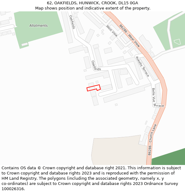 62, OAKFIELDS, HUNWICK, CROOK, DL15 0GA: Location map and indicative extent of plot