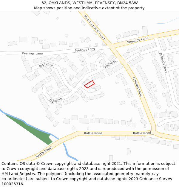 62, OAKLANDS, WESTHAM, PEVENSEY, BN24 5AW: Location map and indicative extent of plot
