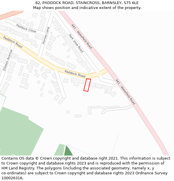 62, PADDOCK ROAD, STAINCROSS, BARNSLEY, S75 6LE: Location map and indicative extent of plot