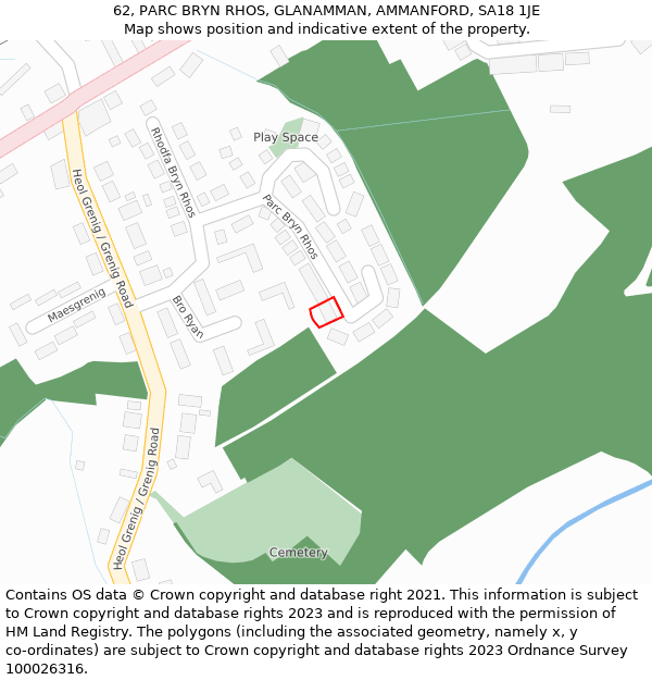 62, PARC BRYN RHOS, GLANAMMAN, AMMANFORD, SA18 1JE: Location map and indicative extent of plot