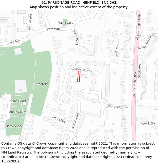62, PARSONAGE ROAD, HENFIELD, BN5 9HZ: Location map and indicative extent of plot