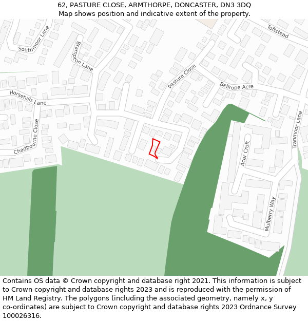 62, PASTURE CLOSE, ARMTHORPE, DONCASTER, DN3 3DQ: Location map and indicative extent of plot