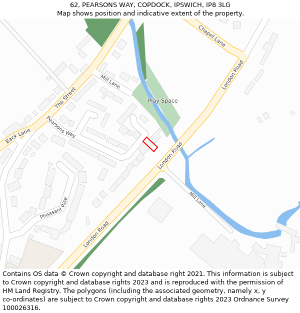 62, PEARSONS WAY, COPDOCK, IPSWICH, IP8 3LG: Location map and indicative extent of plot