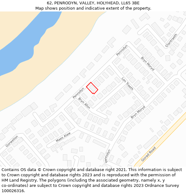 62, PENRODYN, VALLEY, HOLYHEAD, LL65 3BE: Location map and indicative extent of plot