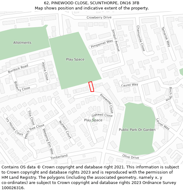 62, PINEWOOD CLOSE, SCUNTHORPE, DN16 3FB: Location map and indicative extent of plot