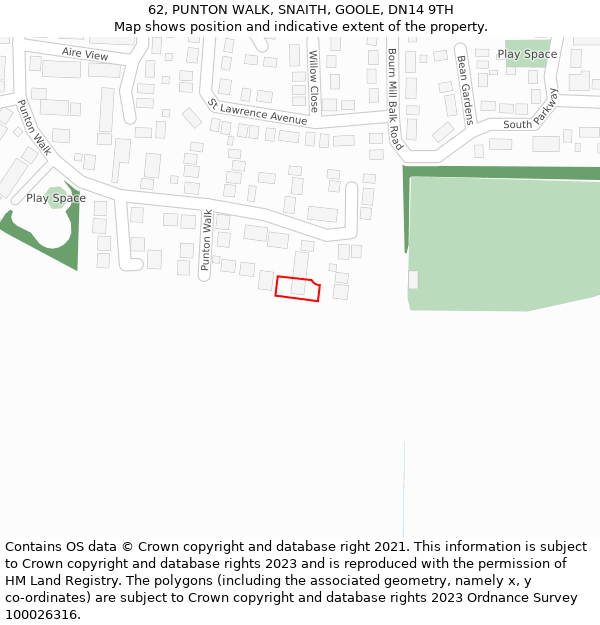 62, PUNTON WALK, SNAITH, GOOLE, DN14 9TH: Location map and indicative extent of plot