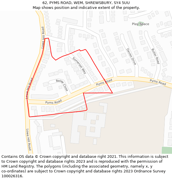 62, PYMS ROAD, WEM, SHREWSBURY, SY4 5UU: Location map and indicative extent of plot