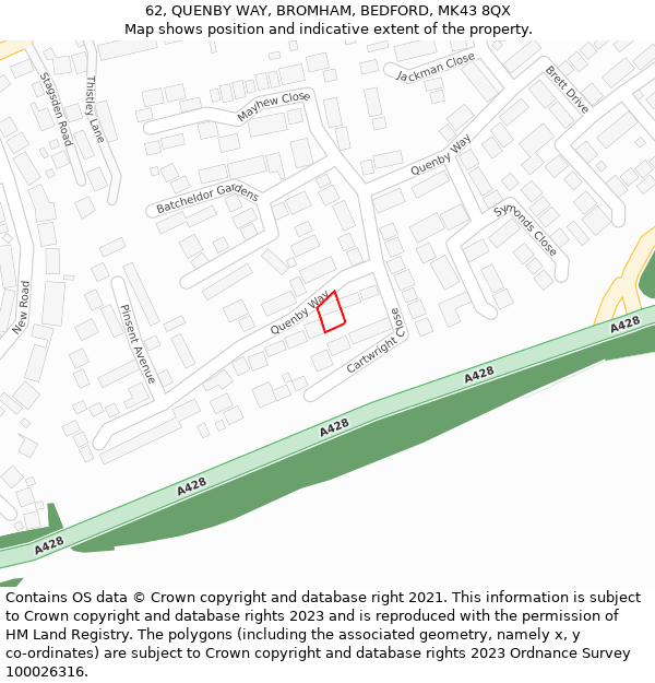 62, QUENBY WAY, BROMHAM, BEDFORD, MK43 8QX: Location map and indicative extent of plot