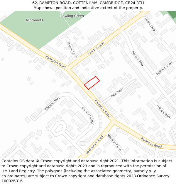 62, RAMPTON ROAD, COTTENHAM, CAMBRIDGE, CB24 8TH: Location map and indicative extent of plot