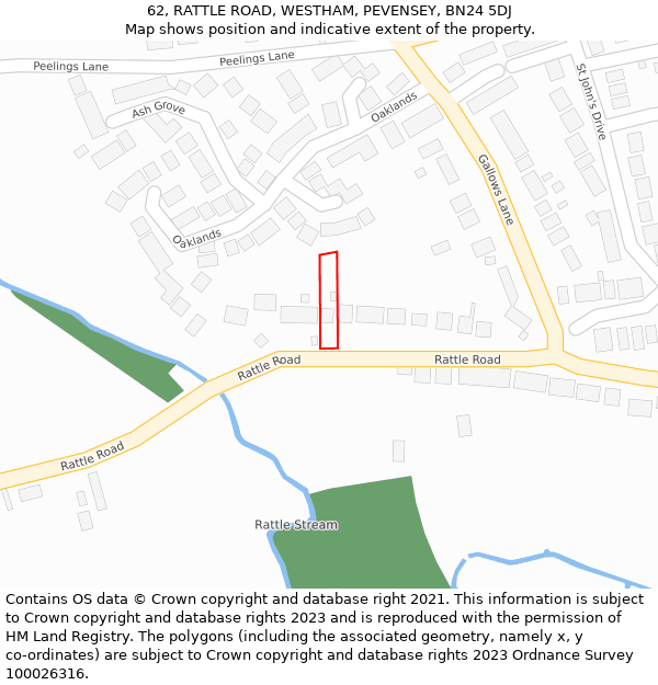62, RATTLE ROAD, WESTHAM, PEVENSEY, BN24 5DJ: Location map and indicative extent of plot