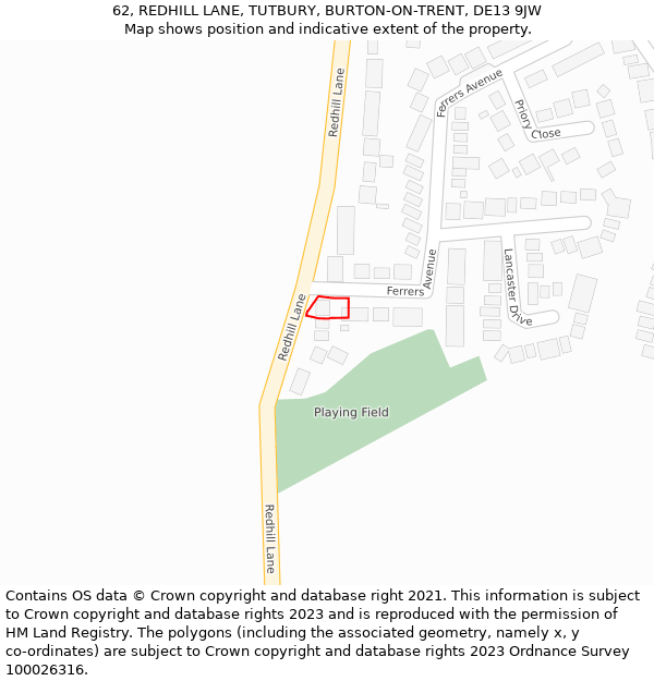 62, REDHILL LANE, TUTBURY, BURTON-ON-TRENT, DE13 9JW: Location map and indicative extent of plot