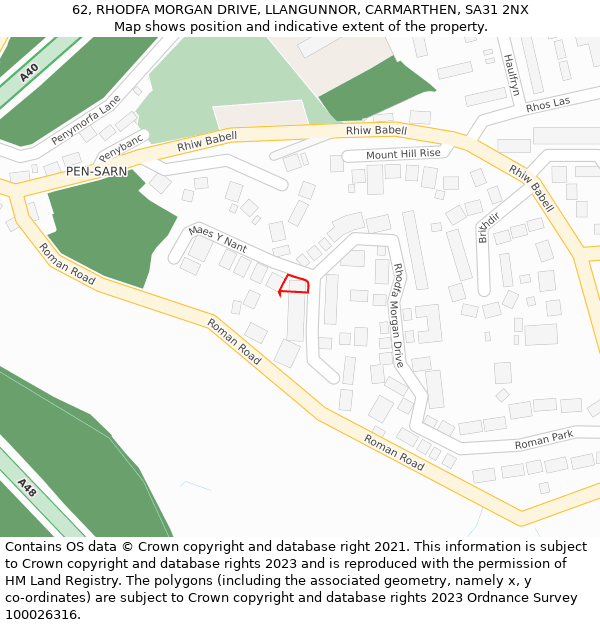 62, RHODFA MORGAN DRIVE, LLANGUNNOR, CARMARTHEN, SA31 2NX: Location map and indicative extent of plot