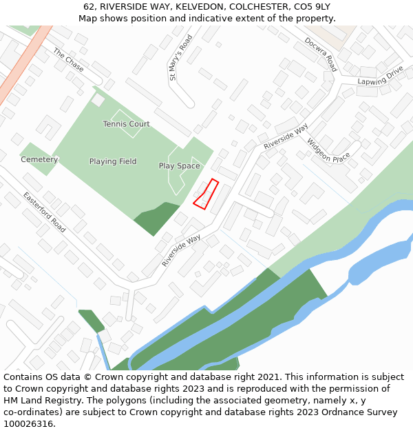 62, RIVERSIDE WAY, KELVEDON, COLCHESTER, CO5 9LY: Location map and indicative extent of plot