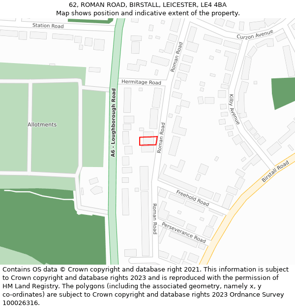 62, ROMAN ROAD, BIRSTALL, LEICESTER, LE4 4BA: Location map and indicative extent of plot
