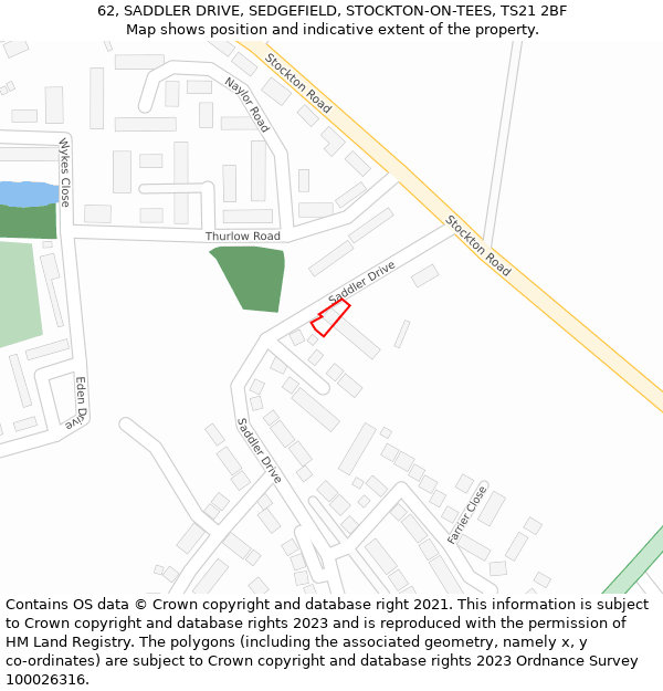 62, SADDLER DRIVE, SEDGEFIELD, STOCKTON-ON-TEES, TS21 2BF: Location map and indicative extent of plot