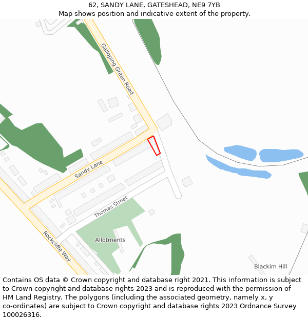62, SANDY LANE, GATESHEAD, NE9 7YB: Location map and indicative extent of plot