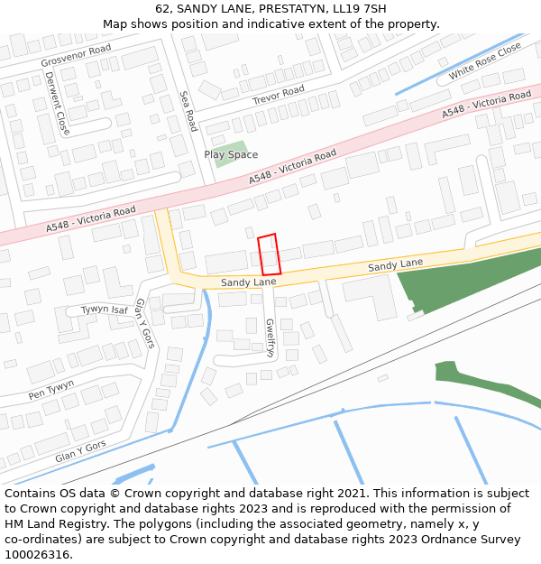 62, SANDY LANE, PRESTATYN, LL19 7SH: Location map and indicative extent of plot