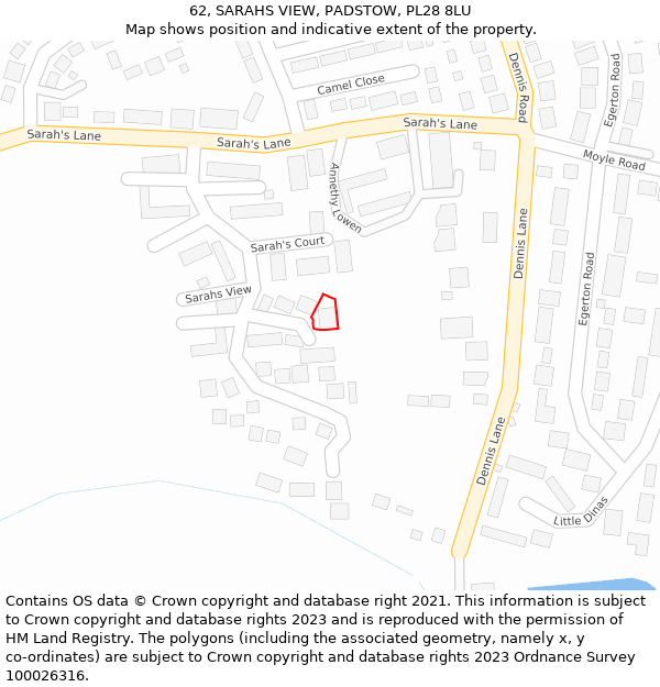 62, SARAHS VIEW, PADSTOW, PL28 8LU: Location map and indicative extent of plot