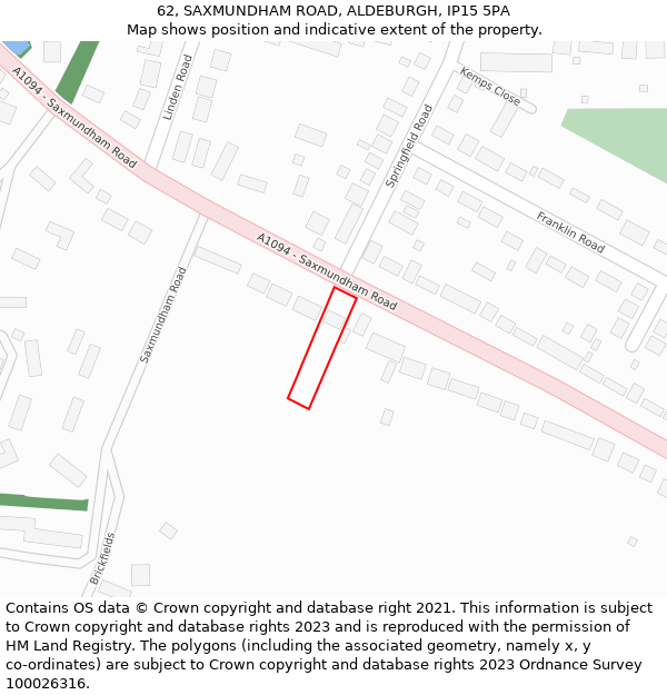 62, SAXMUNDHAM ROAD, ALDEBURGH, IP15 5PA: Location map and indicative extent of plot