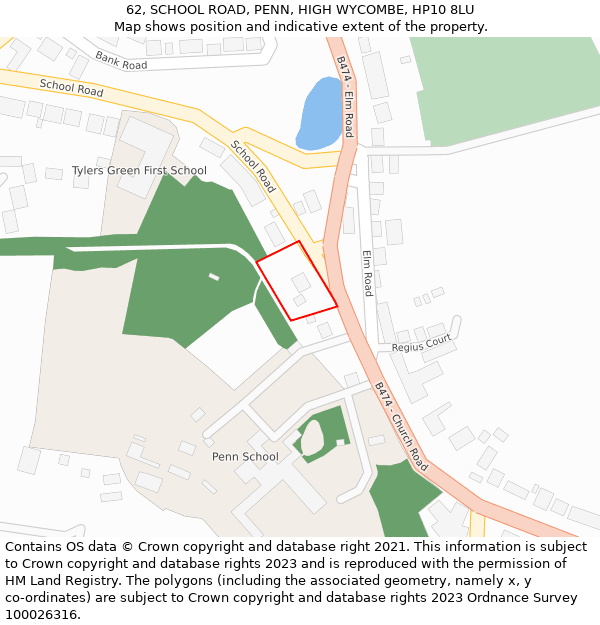 62, SCHOOL ROAD, PENN, HIGH WYCOMBE, HP10 8LU: Location map and indicative extent of plot