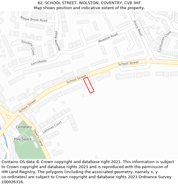 62, SCHOOL STREET, WOLSTON, COVENTRY, CV8 3HF: Location map and indicative extent of plot