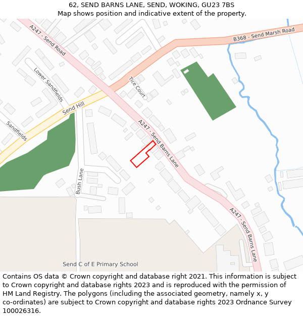 62, SEND BARNS LANE, SEND, WOKING, GU23 7BS: Location map and indicative extent of plot