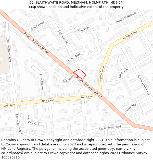 62, SLAITHWAITE ROAD, MELTHAM, HOLMFIRTH, HD9 5PJ: Location map and indicative extent of plot