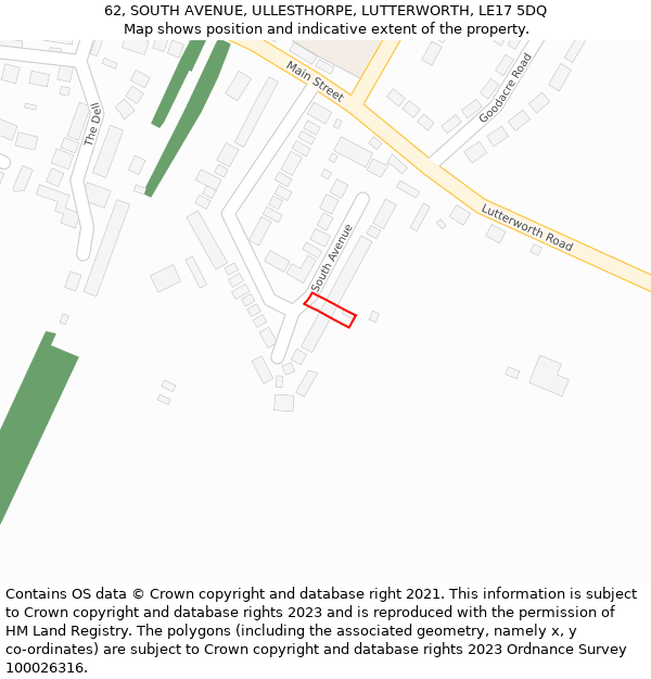 62, SOUTH AVENUE, ULLESTHORPE, LUTTERWORTH, LE17 5DQ: Location map and indicative extent of plot