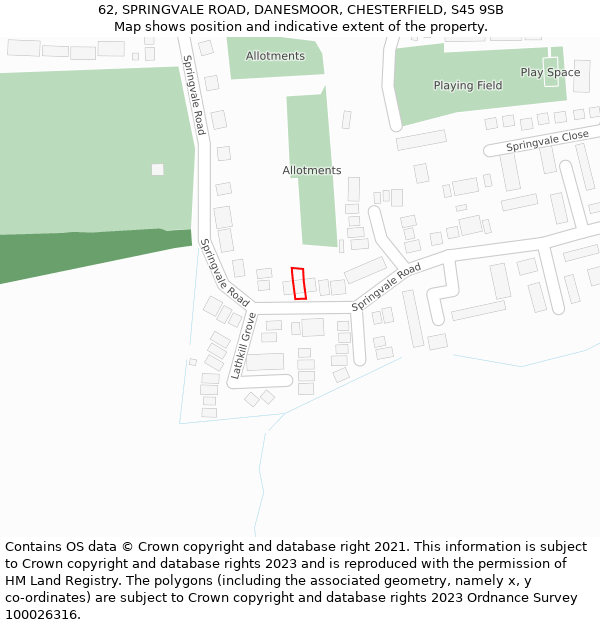 62, SPRINGVALE ROAD, DANESMOOR, CHESTERFIELD, S45 9SB: Location map and indicative extent of plot